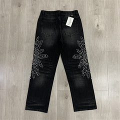 VALLEY White Dots Print Distressed Washed‑Black Straight‑Leg Jeans, Y2K Streetwear Unisex Denim Pants