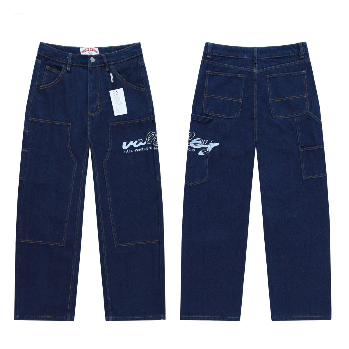 Valley Letter‑Embroidered Carpenter Baggy Jeans, Dark‑Blue Raw‑Wash Unisex Wide‑Leg Denim Pants