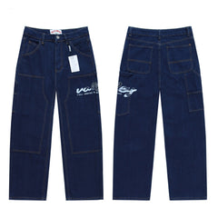Valley Letter‑Embroidered Carpenter Baggy Jeans, Dark‑Blue Raw‑Wash Unisex Wide‑Leg Denim Pants