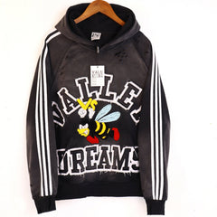 Valley Dreams Cartoon Bee Chenille Patch Pullover Hoodie, Black Vintage Distressed Striped‑Sleeve Streetwear Unisex Sweatshirt