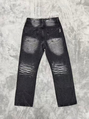 VALLEY Zebra‑Striped Rhinestone Embellished Baggy Denim Pants, Vintage Washed‑Black Unisex Streetwear Jeans
