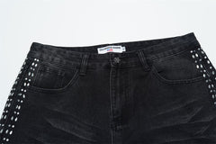 VALLEY White Dots Print Distressed Washed‑Black Straight‑Leg Jeans, Y2K Streetwear Unisex Denim Pants