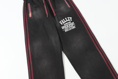 Valley Dream Letter‑Print Side‑Stripe Wide‑Leg Sweatpants, Vintage Washed‑Black Burgundy Unisex Streetwear Trousers