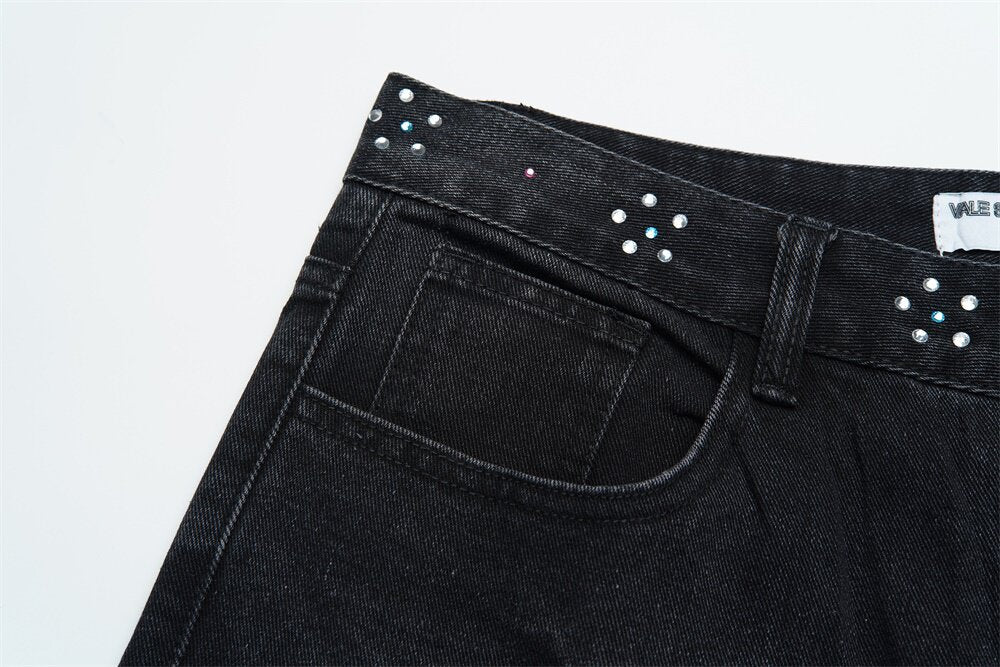 VALLEY Gradient Rhinestone Star Washed‑Black Straight‑Leg Jeans, Y2K Hip‑Hop Unisex Denim Pants