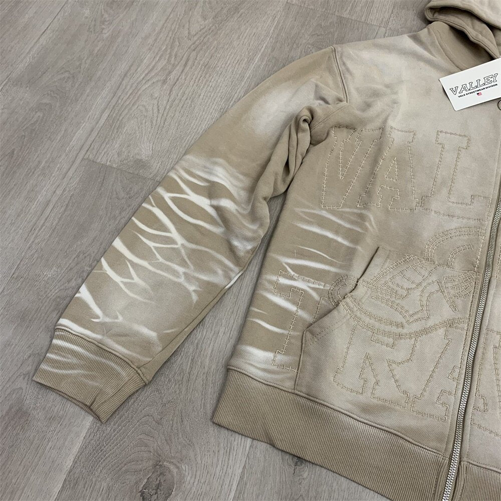 VALLEY Khaki Gradient Embroidery Lightning‑Sleeve Zip‑Up Hoodie Unisex Oversized Jacket