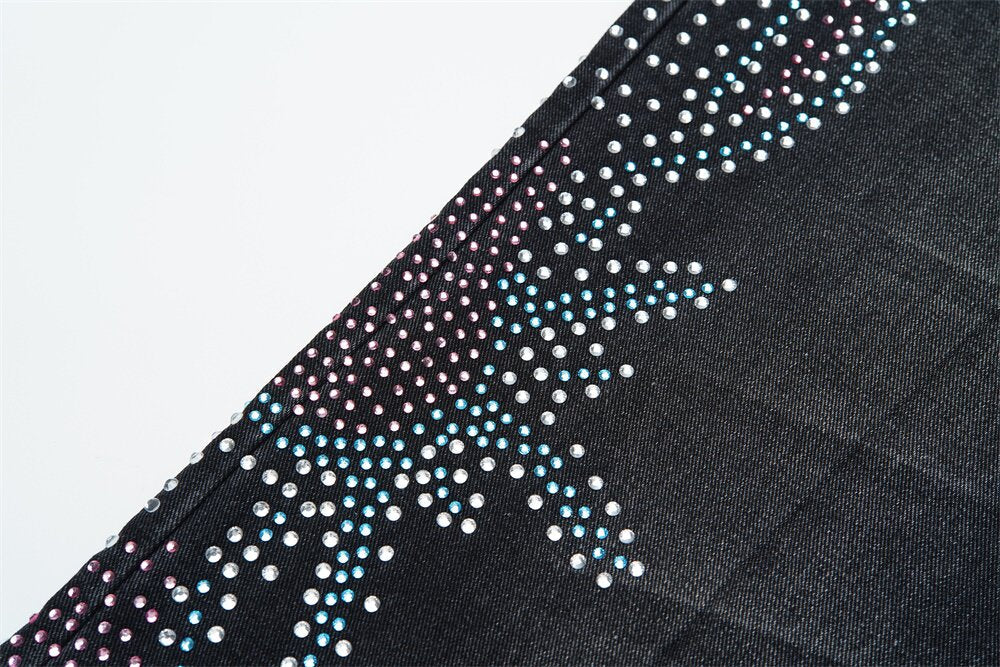 VALLEY Gradient Rhinestone Star Washed‑Black Straight‑Leg Jeans, Y2K Hip‑Hop Unisex Denim Pants
