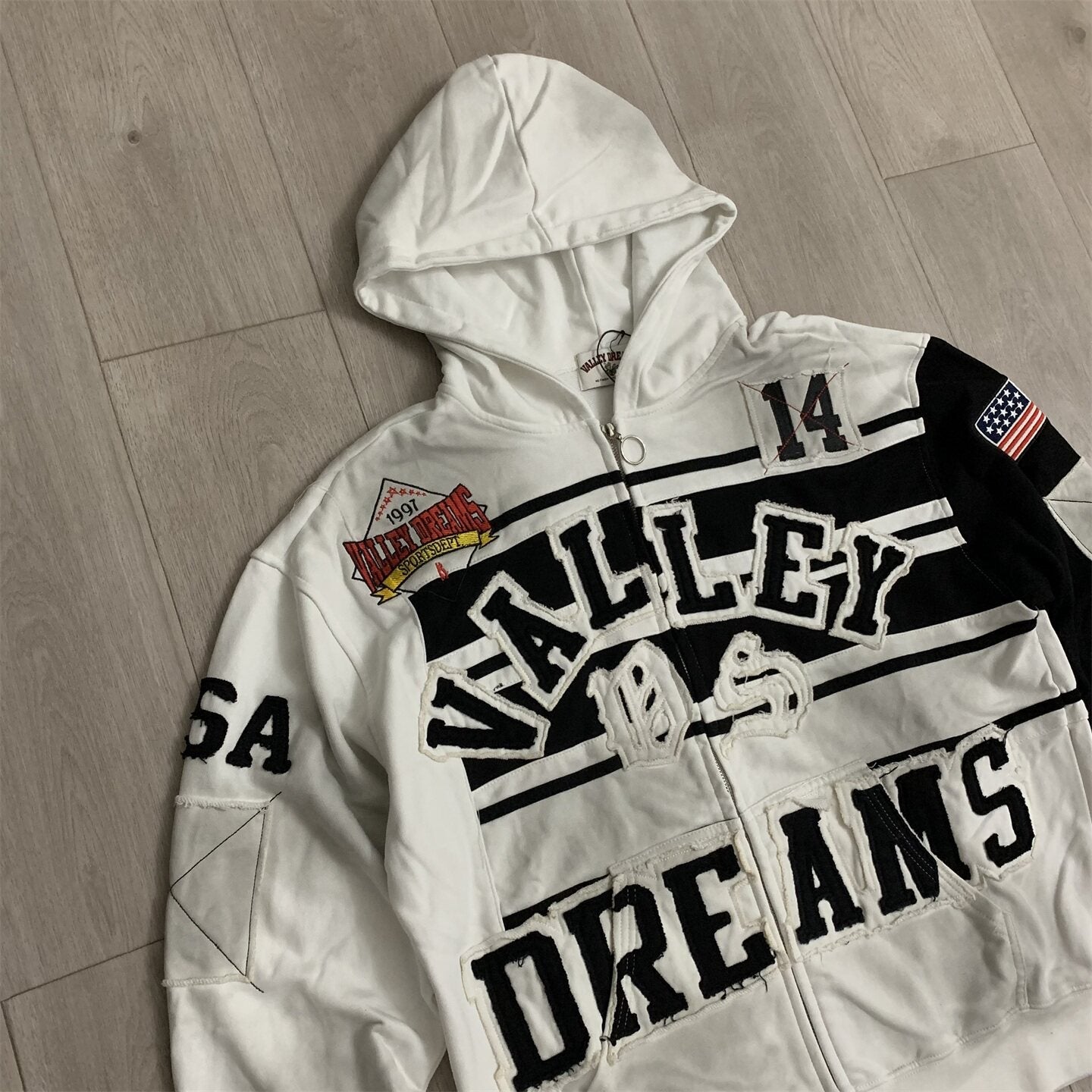 VALLEY White‑Black Color‑Block Striped Valley Dreams Zip‑Up Hoodie Unisex Oversized Jacket