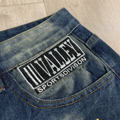 Valley Multi‑Patch Rhinestone Letter Baggy Jeans, Vintage Washed‑Blue Unisex Wide‑Leg Denim Pants
