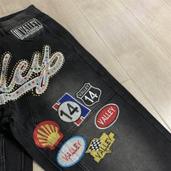 Valley Multi‑Patch Rhinestone Letter Baggy Jeans, Vintage Washed‑Black Unisex Wide‑Leg Denim Pants