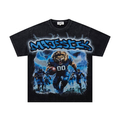 MAJESTIK Lion Football Player Graphic T-Shirt Unisex Acid Wash Black Y2K Graffiti Athletic Oversized Streetwear Short Sleeve Top