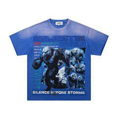 MAJESTIK Silence Before Storms Graphic T-Shirt Unisex Acid Wash Royal Blue Y2K Sports World Oversized Streetwear Short Sleeve Top