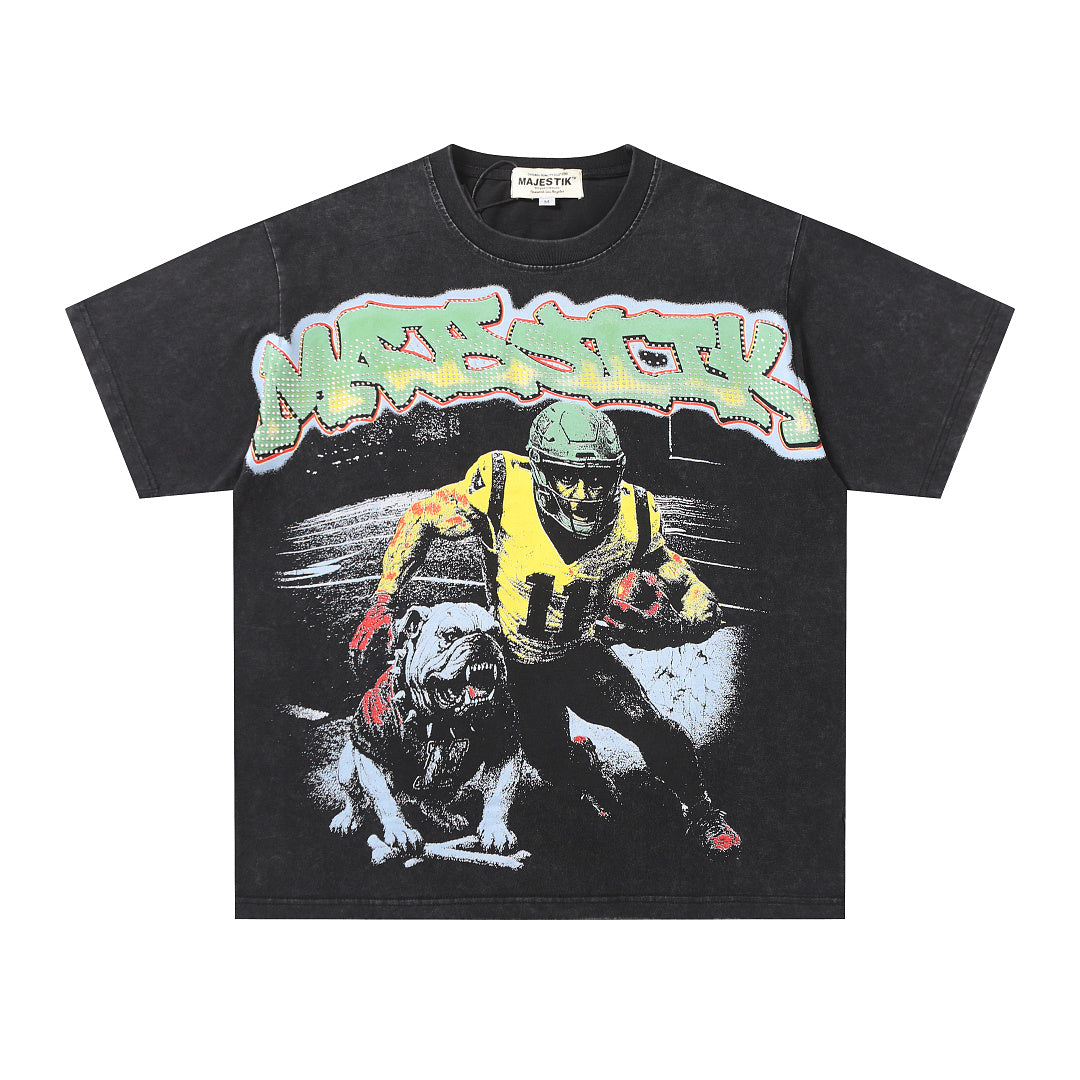 MAJESTIK Football Player Graphic T-Shirt Unisex Washed Black Y2K Sports Gothic Oversized Streetwear Short Sleeve Top