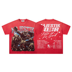 MAJESTIK Football Grizzly World Tour Graphic T-Shirt Unisex Red Y2K Live Free Or Die Hard Oversized Streetwear Short Sleeve Top