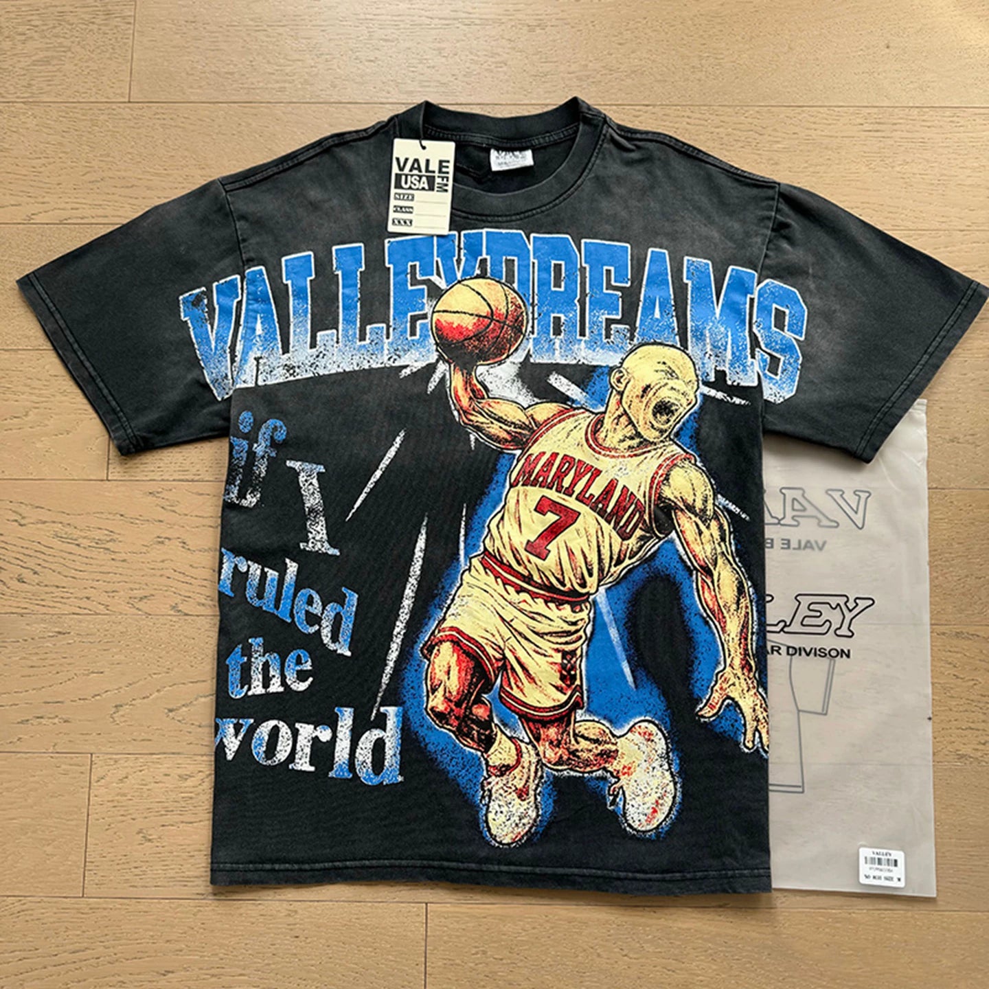 VALEFOREVER Black Washed Basketball Player Valley Dreams Vintage Graphic T-Shirt