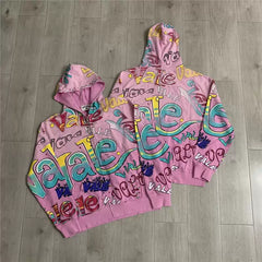 VALEFOREVER Pink All Over Graffiti Print Zip Up Hoodie