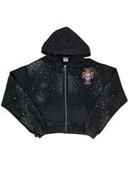 Cross‑Emblem Rhinestone Zip‑Up Cropped Hoodie, Unisex Black Y2K Streetwear Jacket