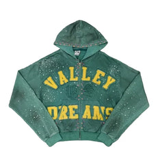 Valley Dreams Rhinestone Zip‑Up Cropped Hoodie, Unisex Green Washed Streetwear Jacket