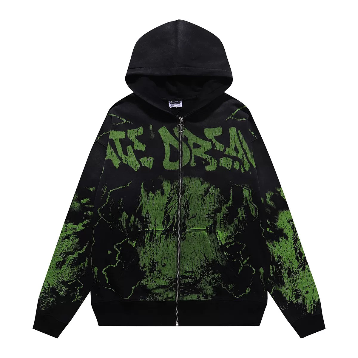 VALEFOREVER Black Green Crackle Graffiti Zip Up Hoodie