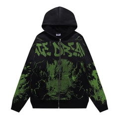 VALEFOREVER Black Green Crackle Graffiti Zip Up Hoodie