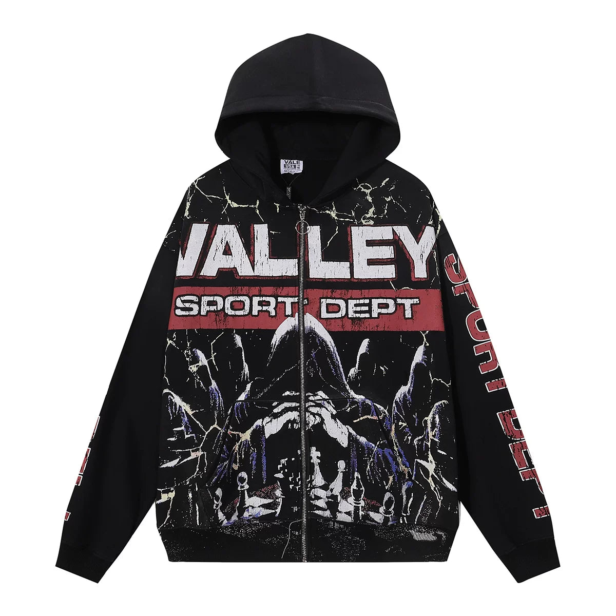 VALEFOREVER Black Valley Sport Dept Skeleton Graphic Zip Hoodie