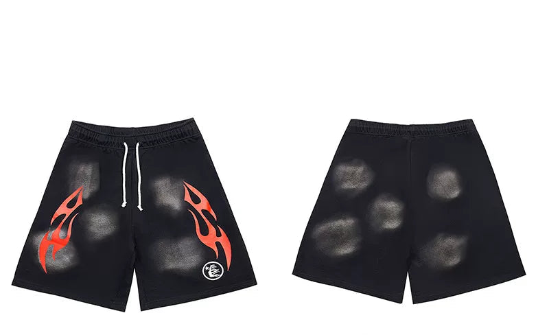 Hellstar Black Red Flame Distressed Shorts