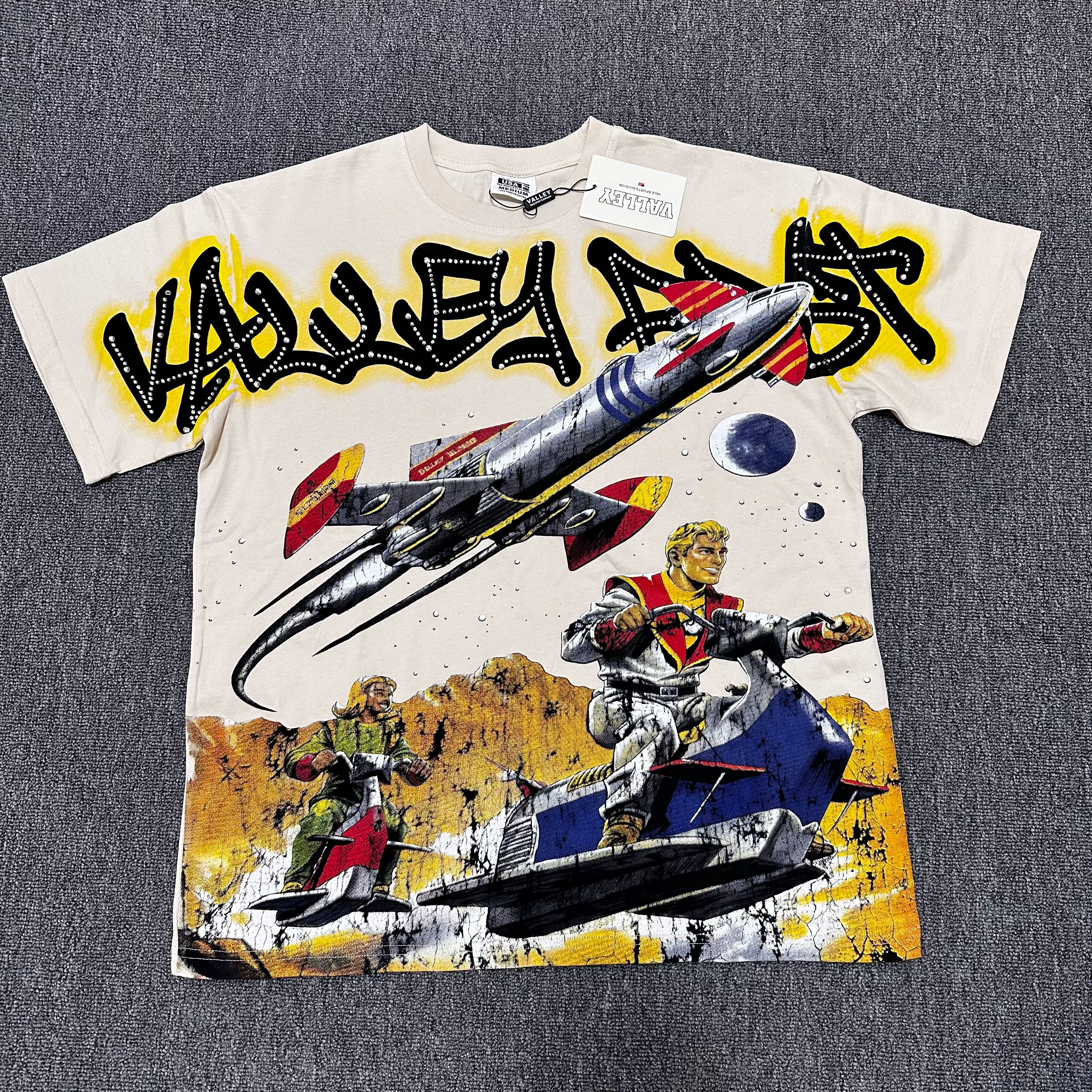 VALEFOREVER Cream Retro Rocket Space Warrior Sci-Fi Graphic Short Sleeve T-Shirt