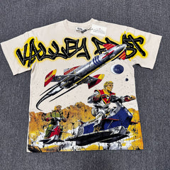 VALEFOREVER Cream Retro Rocket Space Warrior Sci-Fi Graphic Short Sleeve T-Shirt