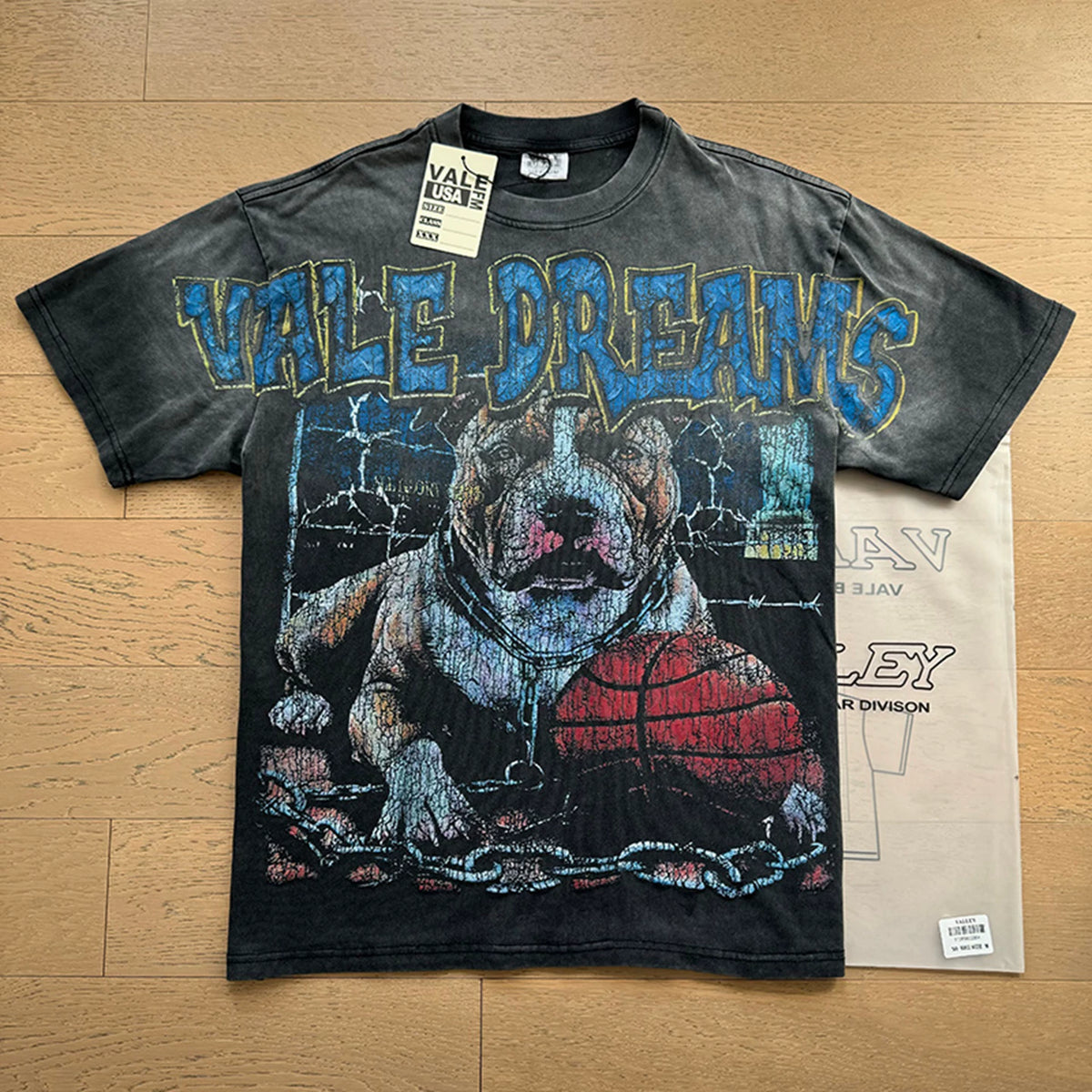 VALEFOREVER Black Washed Vale Dreams Pitbull Basketball Vintage Graphic T-Shirt
