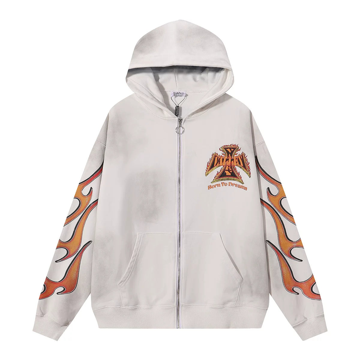 VALEFOREVER Off White Flame Sleeve Logo Zip Up Hoodie