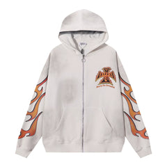 VALEFOREVER Off White Flame Sleeve Logo Zip Up Hoodie
