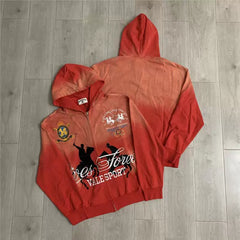 VALEFOREVER Red-Orange Gradient Cowboy Graphic Zip Up Hoodie