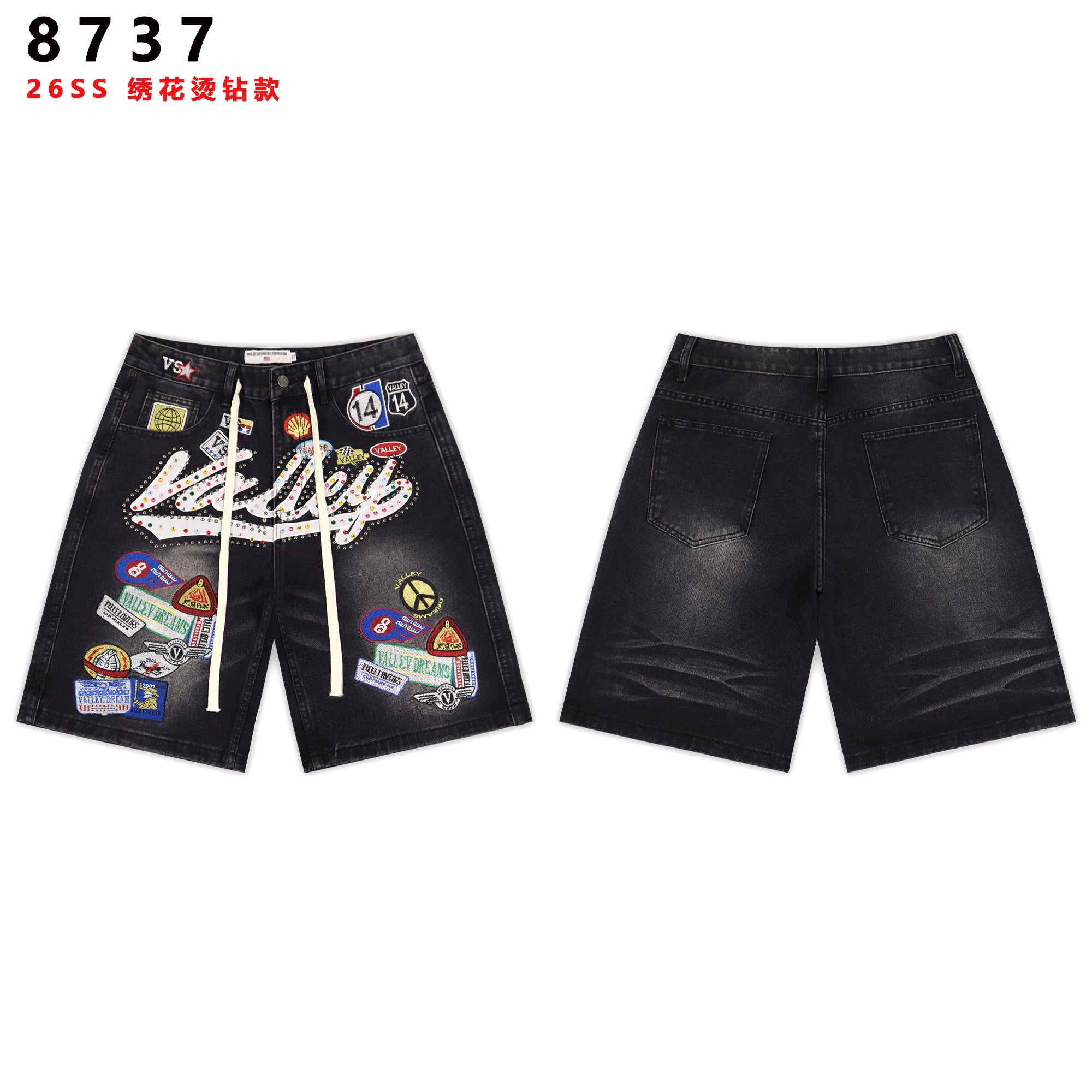 VALEFOREVER Black Denim Shorts with Multi Patch Logo & Rhinestone Print