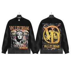 VALLEYDREAM Black Statue Portrait & VD Logo Vintage Long Sleeve Tee