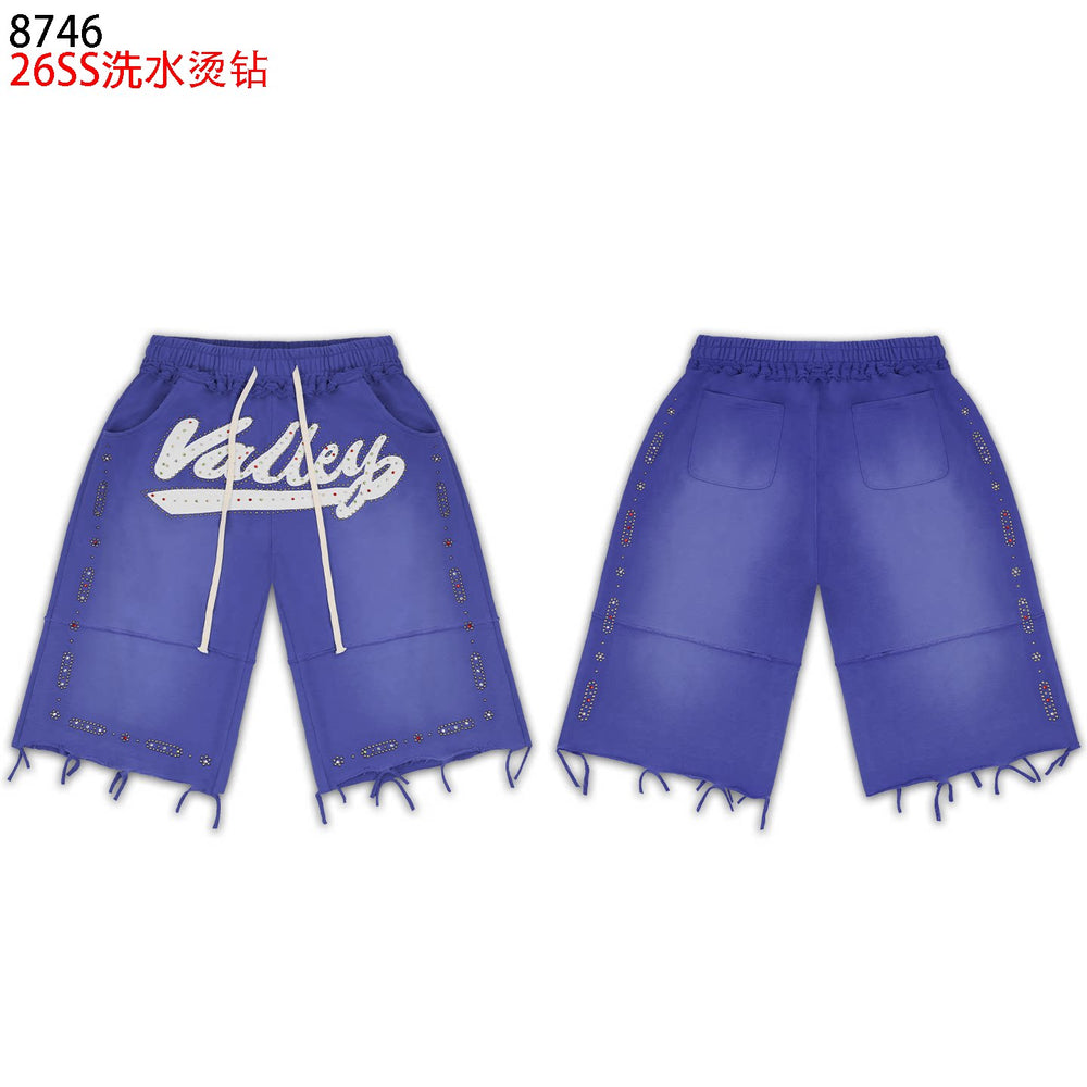 VALEFOREVER Blue Washed Rhinestone Shorts with Script Logo & Fringe Hem