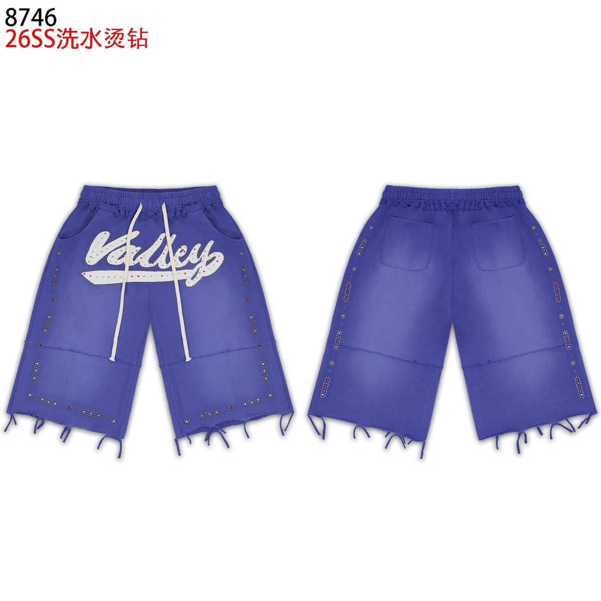 VALEFOREVER Blue Washed Rhinestone Shorts with Script Logo & Fringe Hem