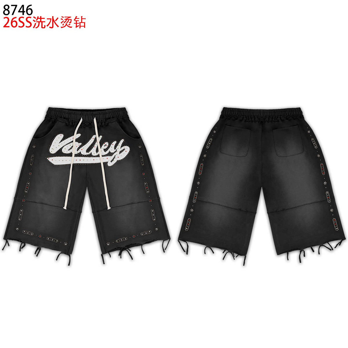 VALEFOREVER Black Washed Rhinestone Shorts with Script Logo & Fringe Hem