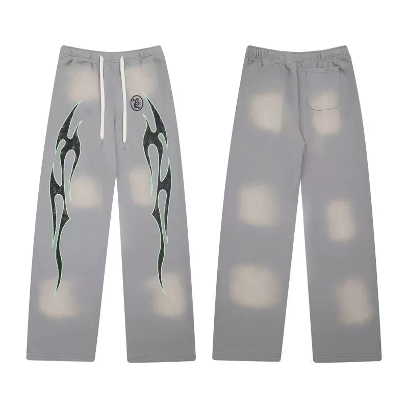 Hellstar Grey Faded Green Flame Print Sweatpants