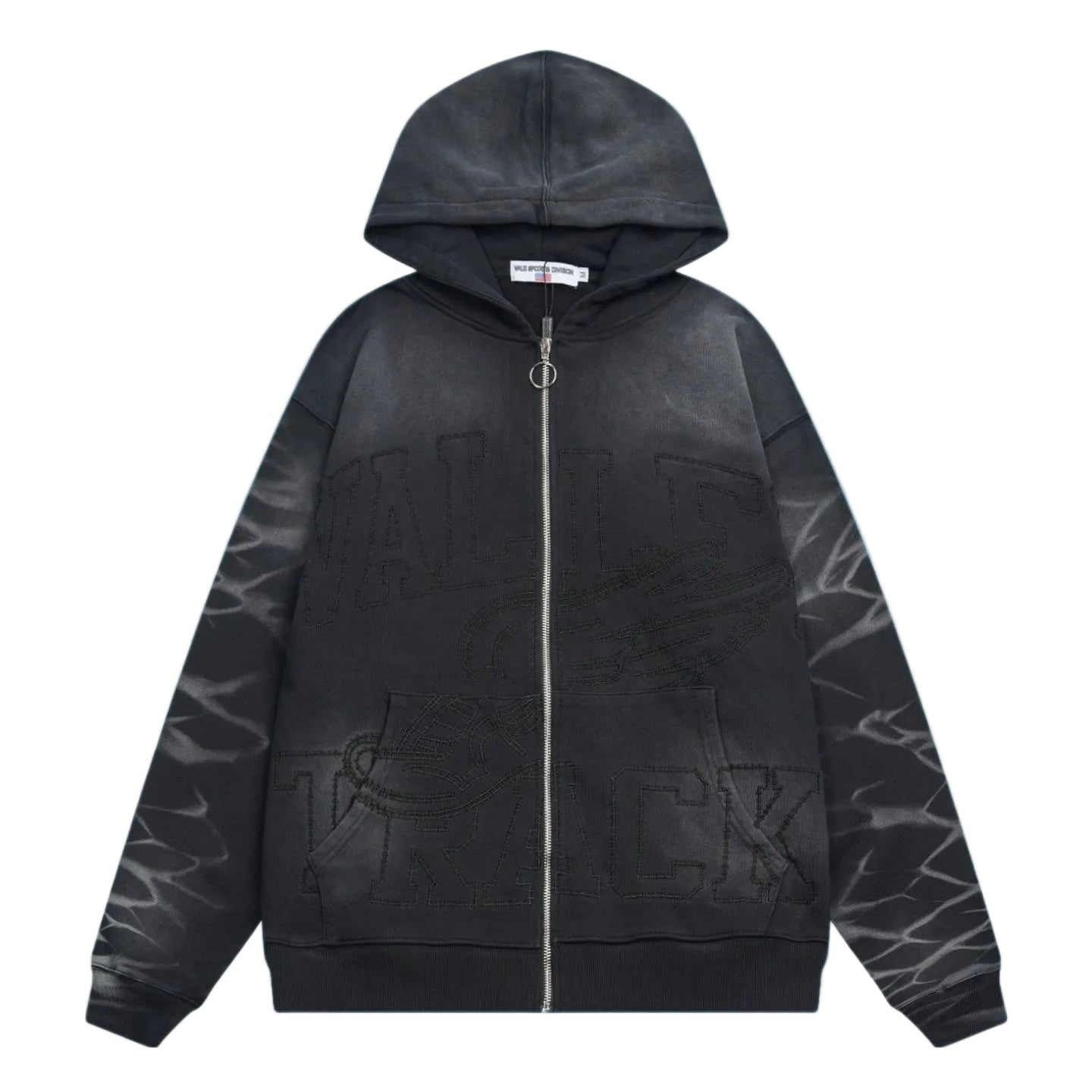 Valley Track Embossed Lightning‑Sleeve Zip‑Up Hoodie, Unisex Black Vintage Streetwear Jacket