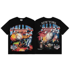 VALEFOREVER Black New York Baseball Double Sided Vintage Graphic Short Sleeve T-Shirt