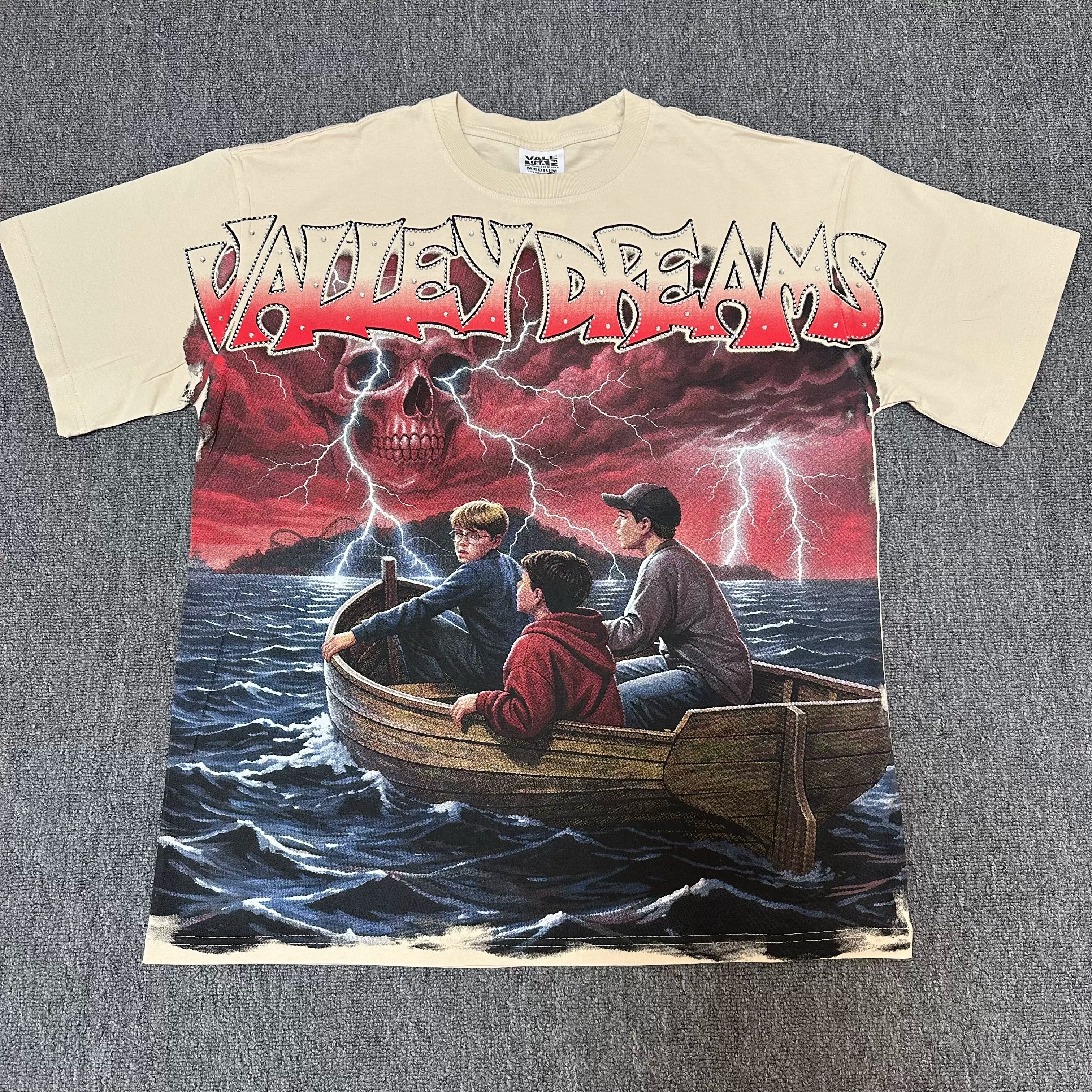 VALEFOREVER Cream Storm Boat Skull Retro Horror Graphic Short Sleeve T-Shirt