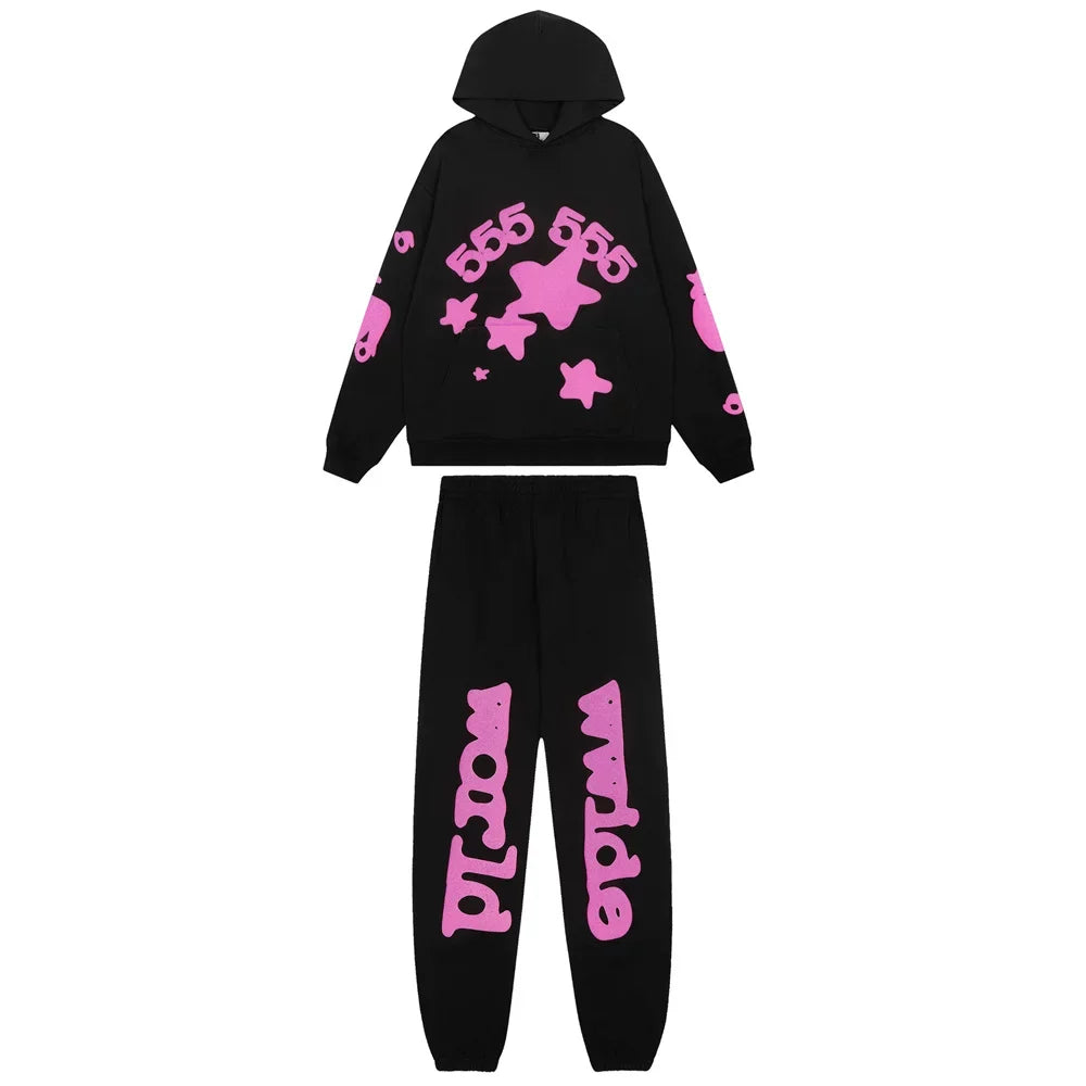 Sp5der Black Hoodie & Pants Set with Pink Stars