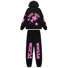 Sp5der Black Hoodie & Pants Set with Pink Stars