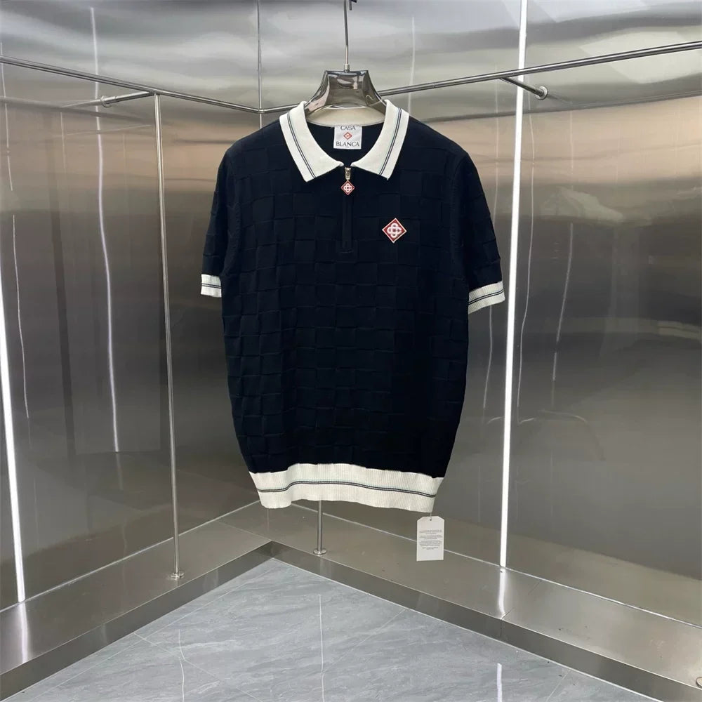 Casablanca Solid Knit Polo Shirt - Navy / White