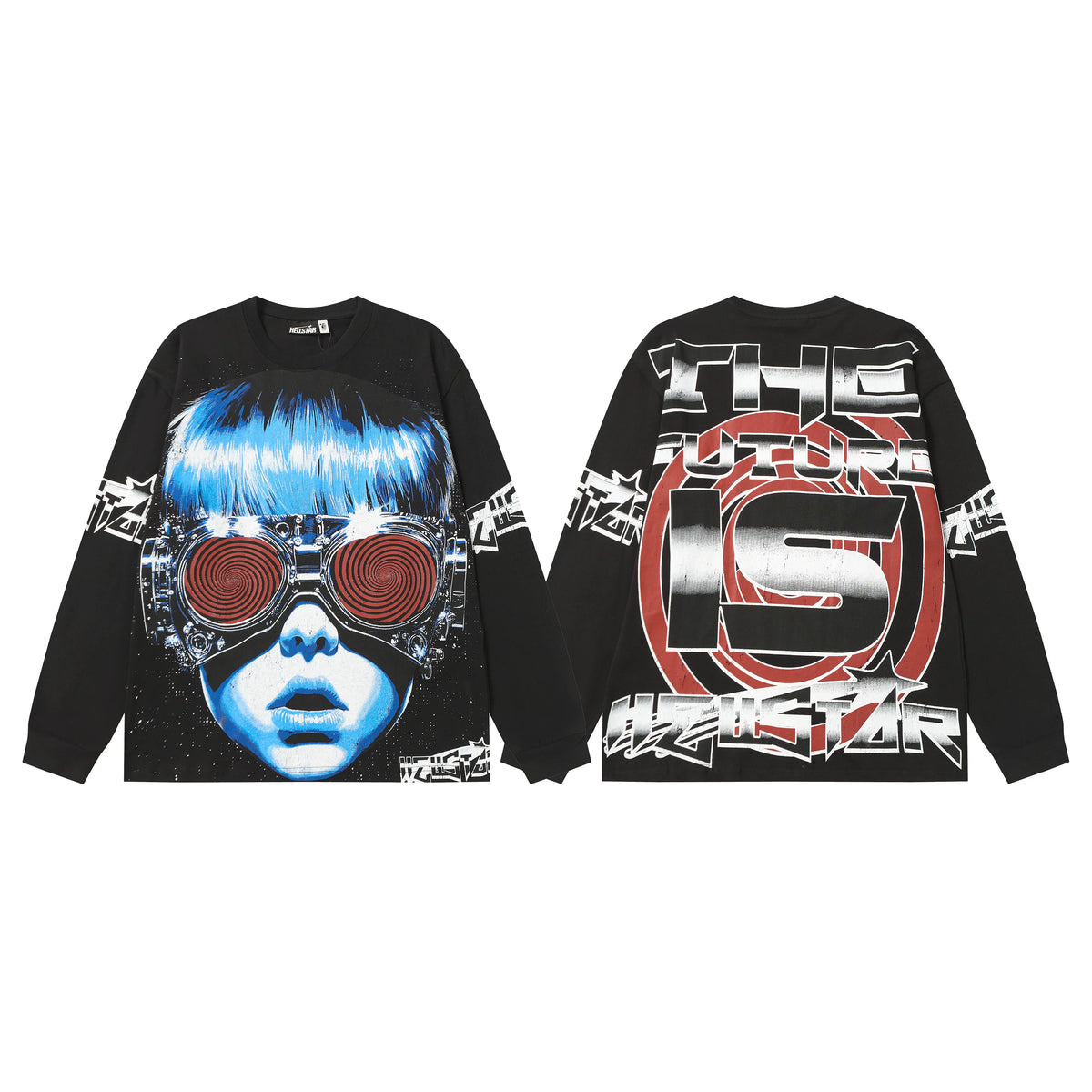 Hellstar Black Blue Hair Face Graphic Long Sleeve Tee