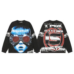 Hellstar Black Blue Hair Face Graphic Long Sleeve Tee