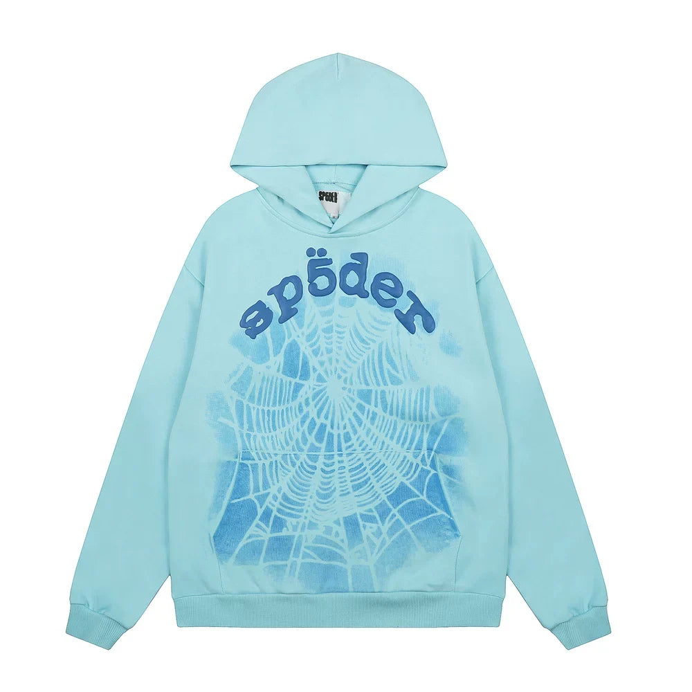 Sp5der Light Blue Pullover Hoodie with Large Front Web Graphic and Arched Logo