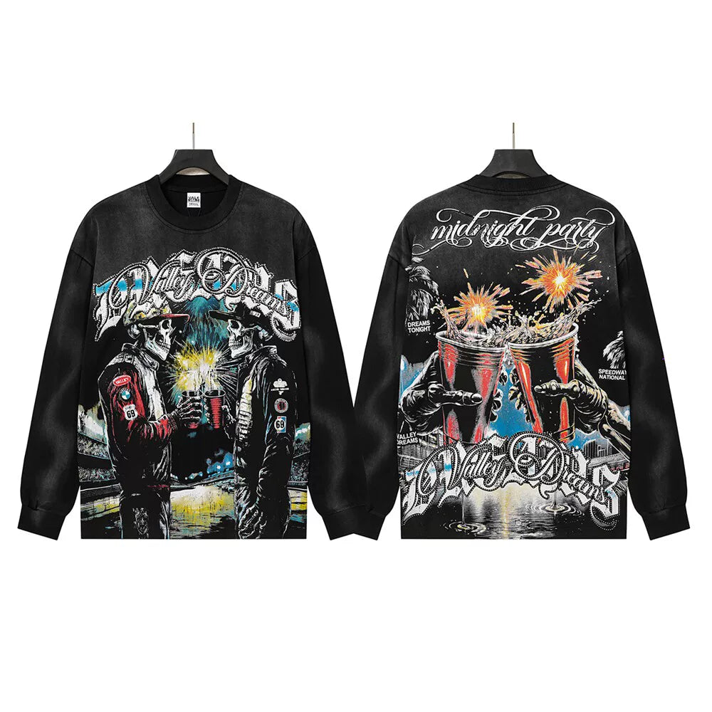 VALLEYDREAM Black Distressed Art Collage Long Sleeve Graphic Tee