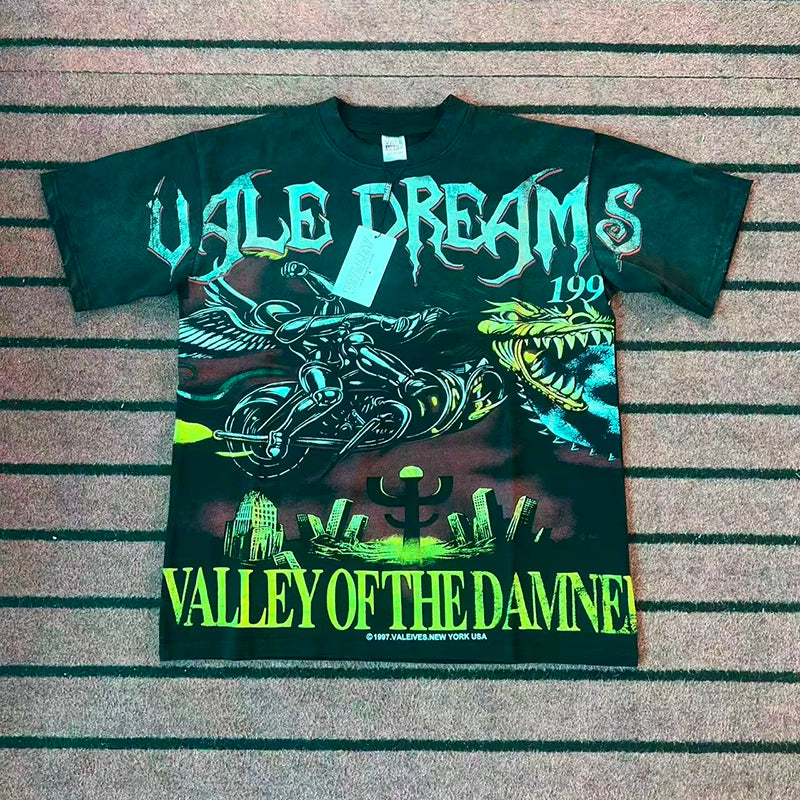 Valleydream Dark Green Valley Of The Damned Dragon Graphic Vintage T-Shirt