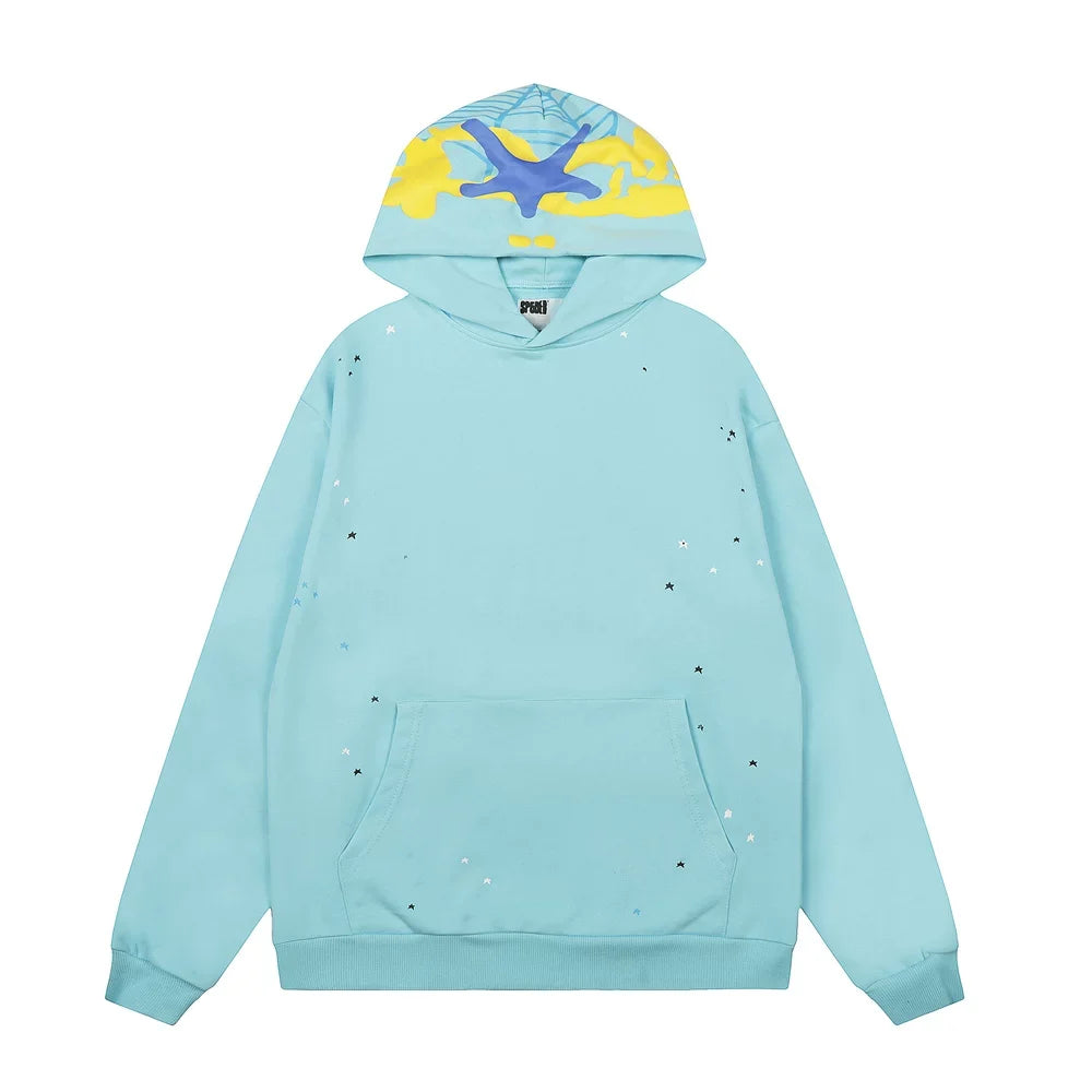 Sp5der Light Blue Pullover Hoodie with Yellow Spider Web Lining and Rhinestone Details