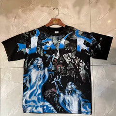 Valleydream Black Blue Flame Ghost Horror Vintage Graphic T-Shirt